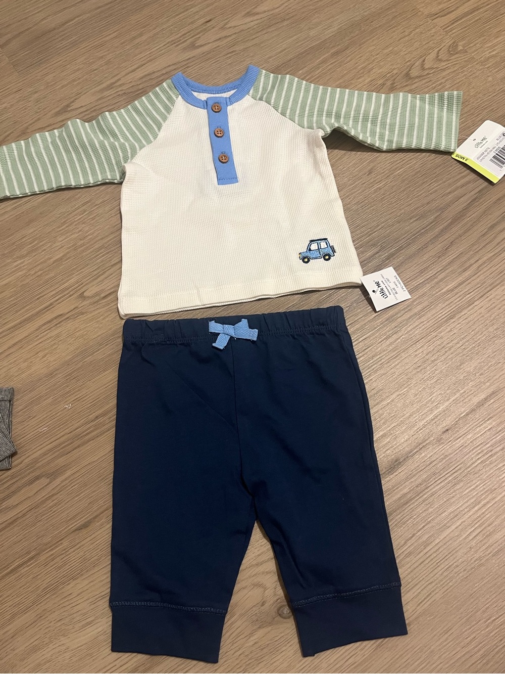 Baby Two-Piece Set with Car Patch - White, Sage & Navy